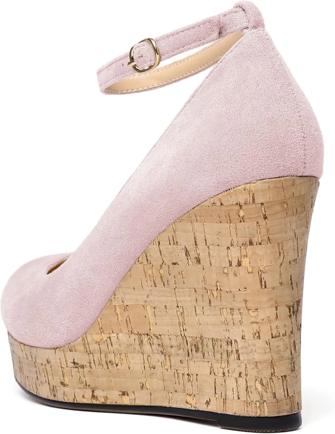 AUMOTED Women's Platform Wedges High Heels Pumps Closed Round Toe Buckle Ankle Strap Suede Heels Shoes for Ladies Casual Dress 3.93 Inch High Heeled