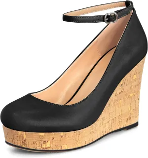 AUMOTED Women's Platform Wedges High Heels Pumps Closed Round Toe Buckle Ankle Strap Suede Heels Shoes for Ladies Casual Dress 3.93 Inch High Heeled