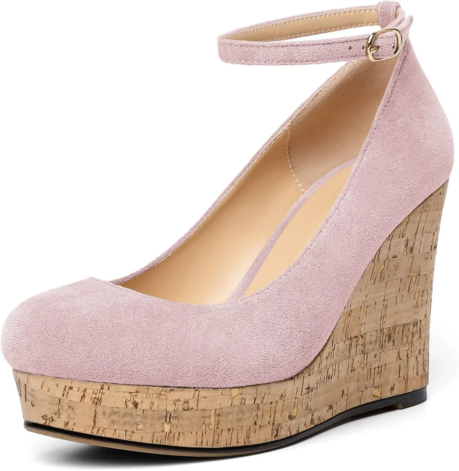 AUMOTED Women's Platform Wedges High Heels Pumps Closed Round Toe Buckle Ankle Strap Suede Heels Shoes for Ladies Casual Dress 3.93 Inch High Heeled