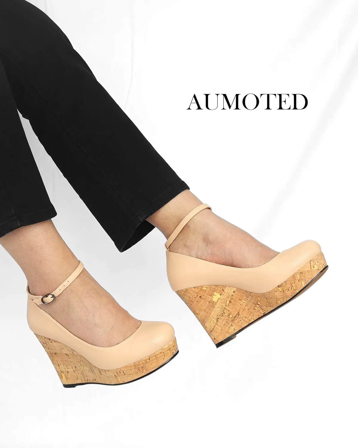 AUMOTED Women's Platform Wedges High Heels Pumps Closed Round Toe Buckle Ankle Strap Suede Heels Shoes for Ladies Casual Dress 3.93 Inch High Heeled