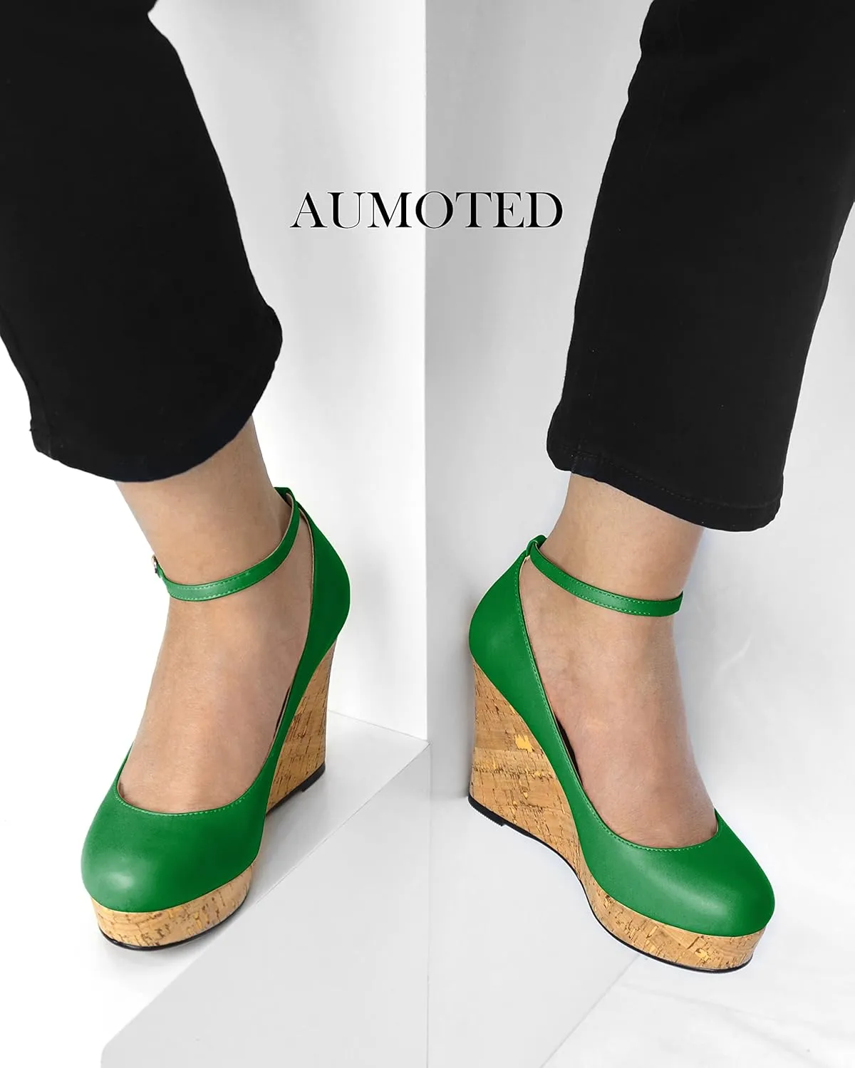 AUMOTED Women's Platform Wedges High Heels Pumps Closed Round Toe Buckle Ankle Strap Suede Heels Shoes for Ladies Casual Dress 3.93 Inch High Heeled