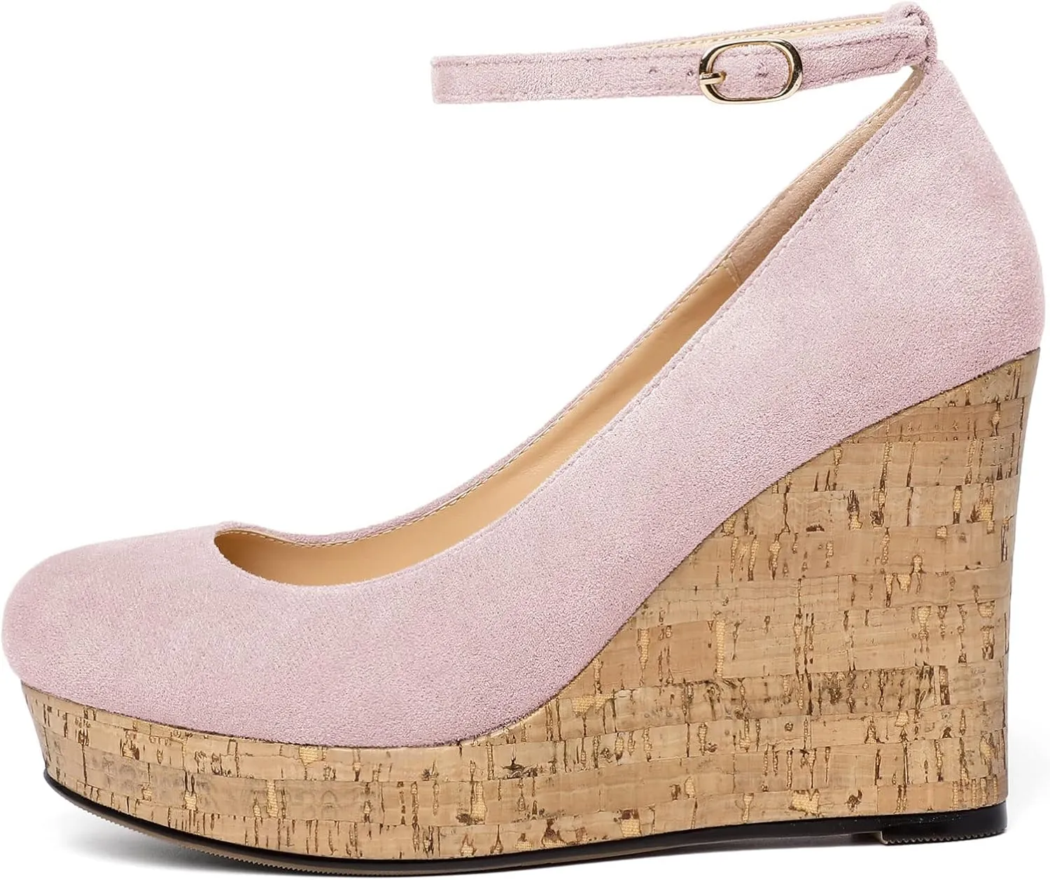 AUMOTED Women's Platform Wedges High Heels Pumps Closed Round Toe Buckle Ankle Strap Suede Heels Shoes for Ladies Casual Dress 3.93 Inch High Heeled
