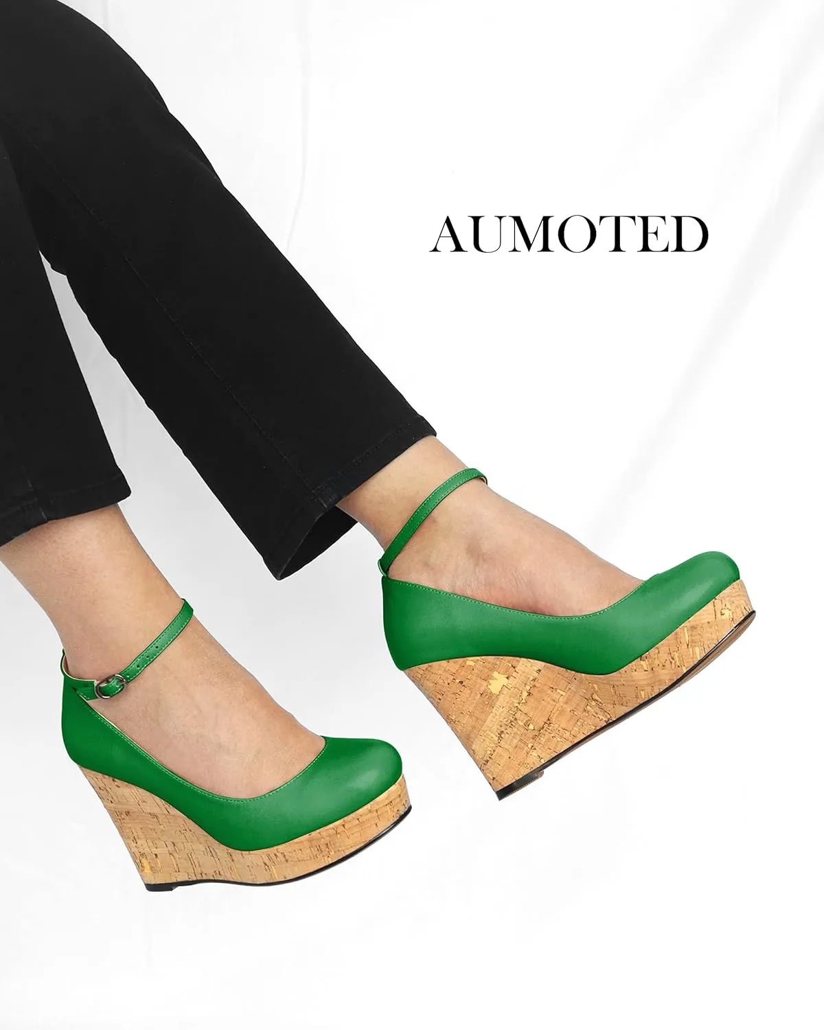 AUMOTED Women's Platform Wedges High Heels Pumps Closed Round Toe Buckle Ankle Strap Suede Heels Shoes for Ladies Casual Dress 3.93 Inch High Heeled