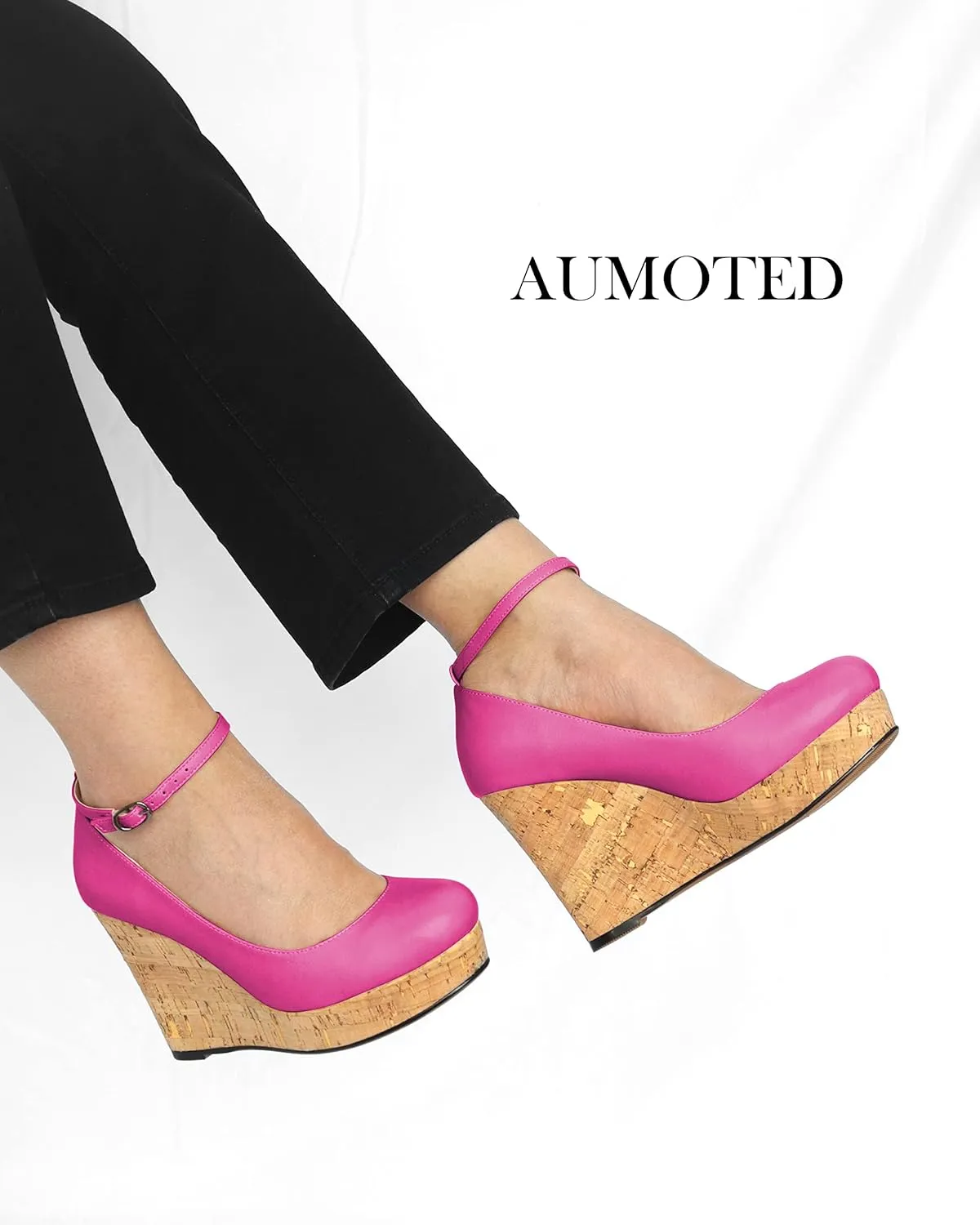 AUMOTED Women's Platform Wedges High Heels Pumps Closed Round Toe Buckle Ankle Strap Suede Heels Shoes for Ladies Casual Dress 3.93 Inch High Heeled