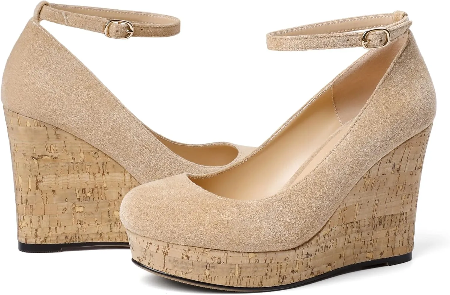 AUMOTED Women's Platform Wedges High Heels Pumps Closed Round Toe Buckle Ankle Strap Suede Heels Shoes for Ladies Casual Dress 3.93 Inch High Heeled
