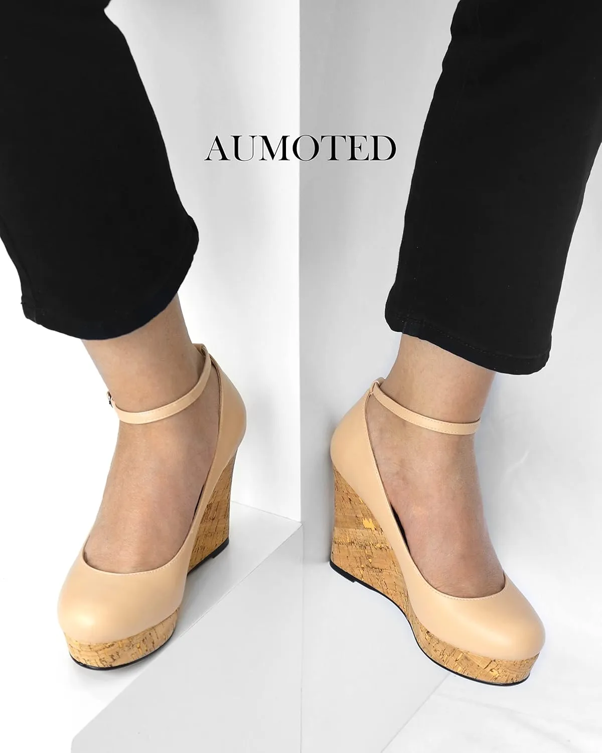 AUMOTED Women's Platform Wedges High Heels Pumps Closed Round Toe Buckle Ankle Strap Suede Heels Shoes for Ladies Casual Dress 3.93 Inch High Heeled