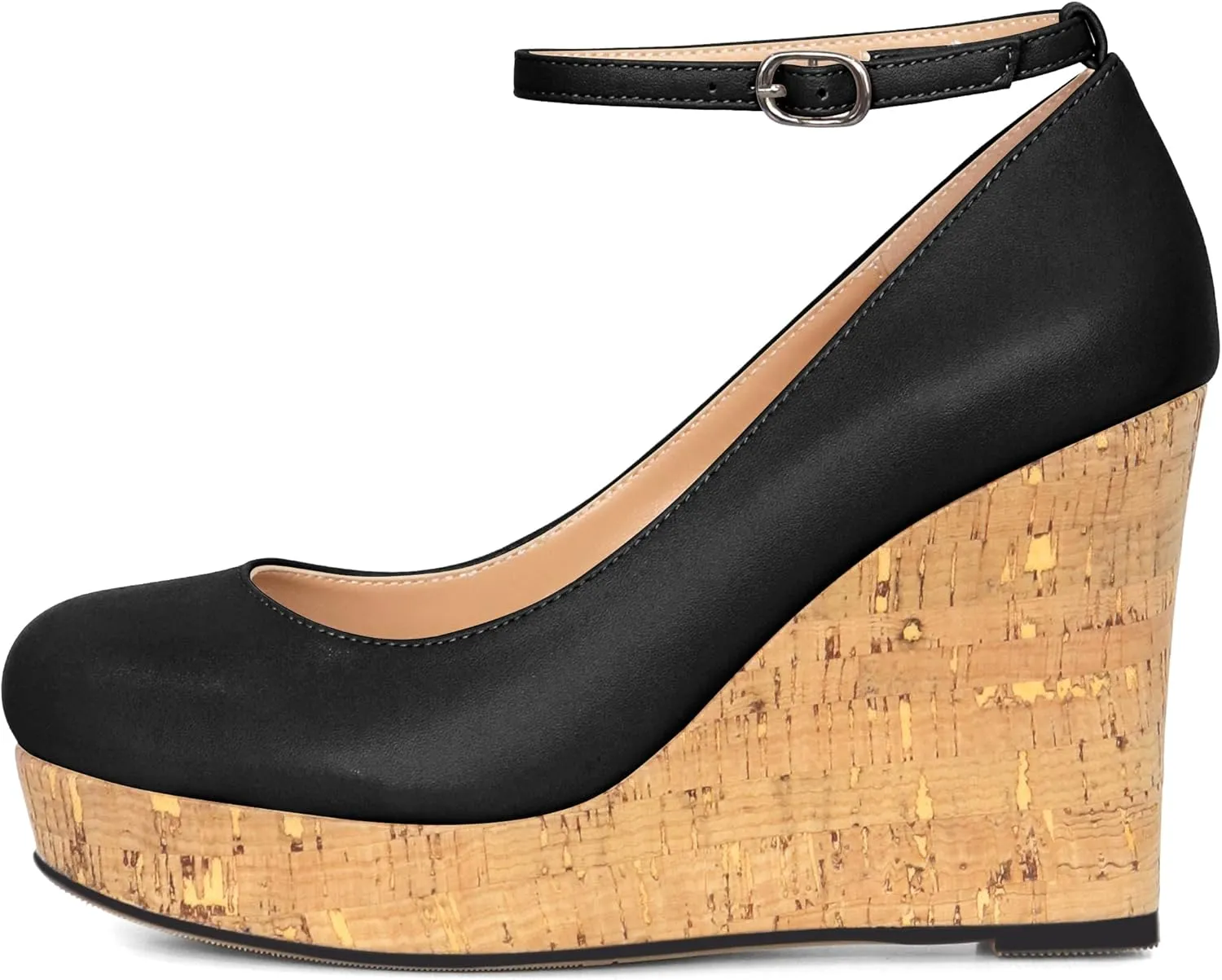 AUMOTED Women's Platform Wedges High Heels Pumps Closed Round Toe Buckle Ankle Strap Suede Heels Shoes for Ladies Casual Dress 3.93 Inch High Heeled