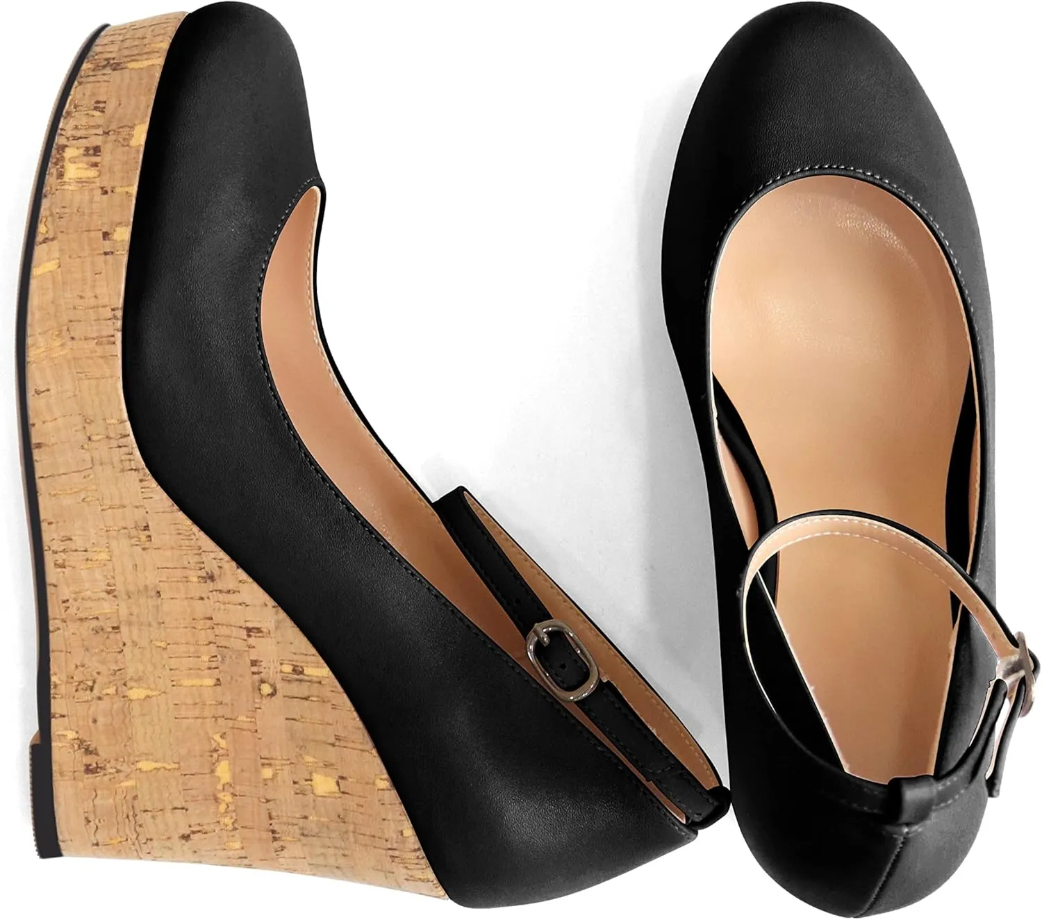 AUMOTED Women's Platform Wedges High Heels Pumps Closed Round Toe Buckle Ankle Strap Suede Heels Shoes for Ladies Casual Dress 3.93 Inch High Heeled