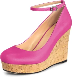 AUMOTED Women's Platform Wedges High Heels Pumps Closed Round Toe Buckle Ankle Strap Suede Heels Shoes for Ladies Casual Dress 3.93 Inch High Heeled