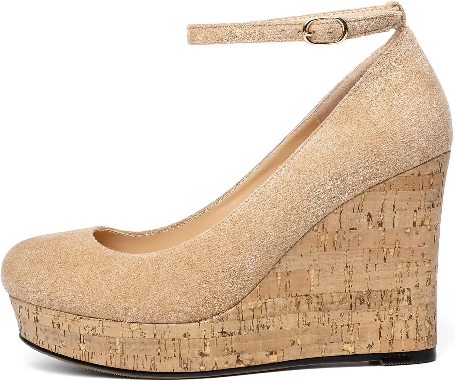 AUMOTED Women's Platform Wedges High Heels Pumps Closed Round Toe Buckle Ankle Strap Suede Heels Shoes for Ladies Casual Dress 3.93 Inch High Heeled