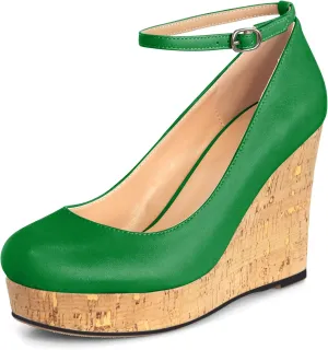 AUMOTED Women's Platform Wedges High Heels Pumps Closed Round Toe Buckle Ankle Strap Suede Heels Shoes for Ladies Casual Dress 3.93 Inch High Heeled