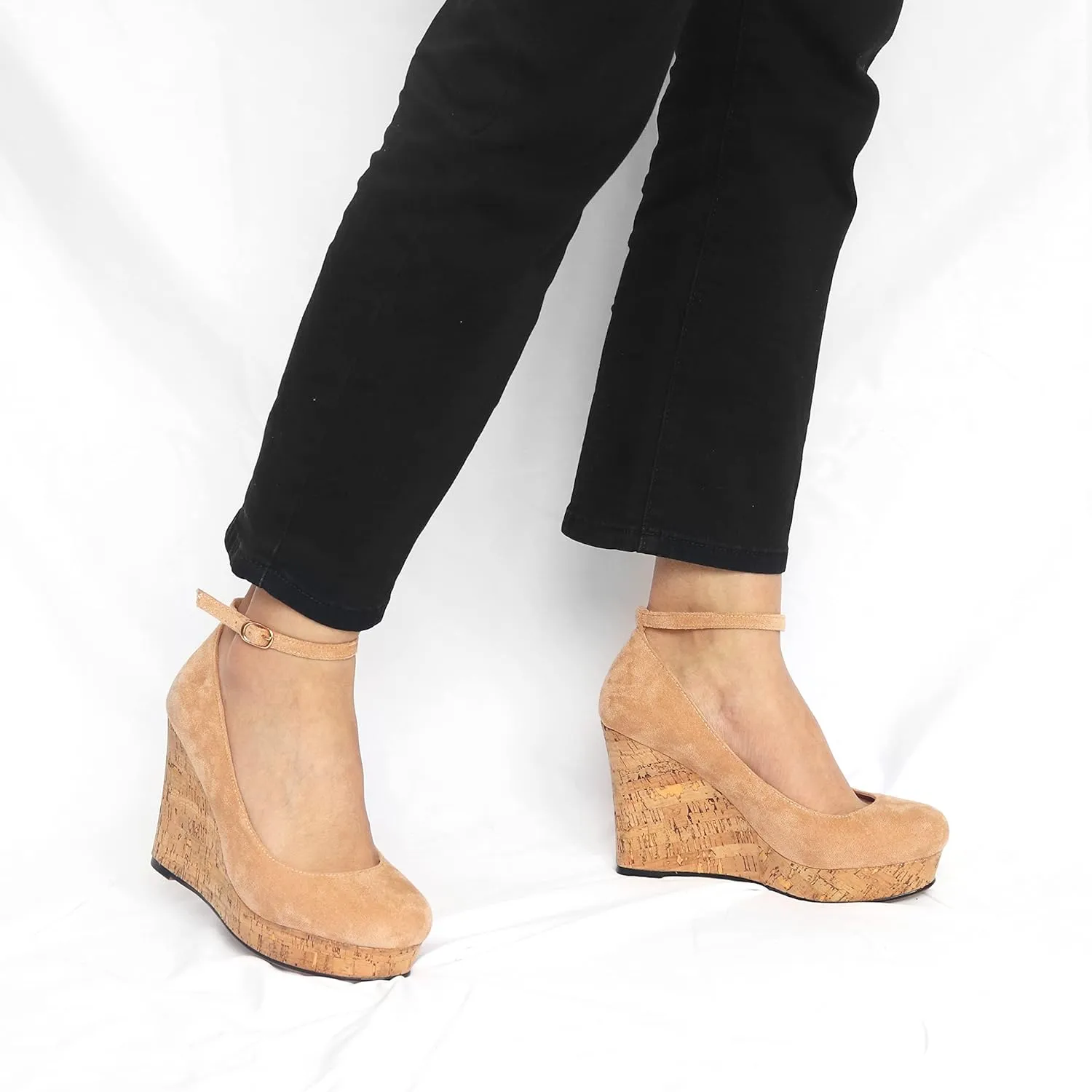AUMOTED Women's Platform Wedges High Heels Pumps Closed Round Toe Buckle Ankle Strap Suede Heels Shoes for Ladies Casual Dress 3.93 Inch High Heeled