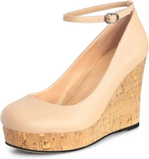 AUMOTED Women's Platform Wedges High Heels Pumps Closed Round Toe Buckle Ankle Strap Suede Heels Shoes for Ladies Casual Dress 3.93 Inch High Heeled