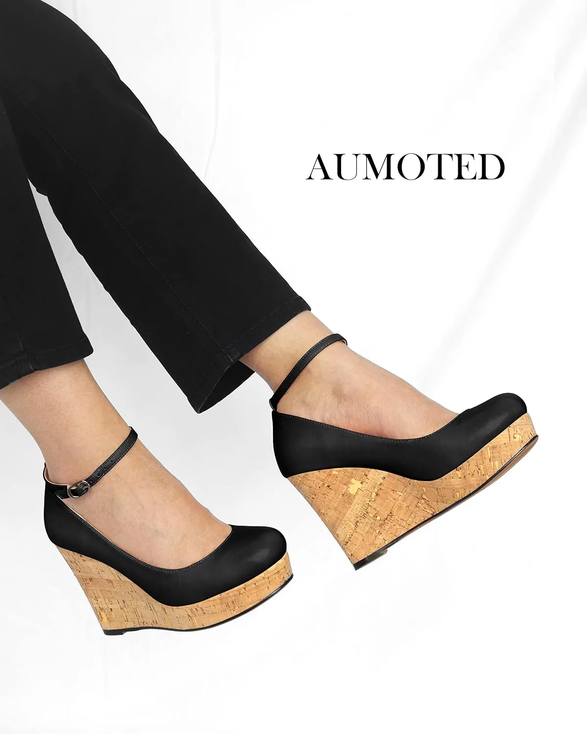AUMOTED Women's Platform Wedges High Heels Pumps Closed Round Toe Buckle Ankle Strap Suede Heels Shoes for Ladies Casual Dress 3.93 Inch High Heeled