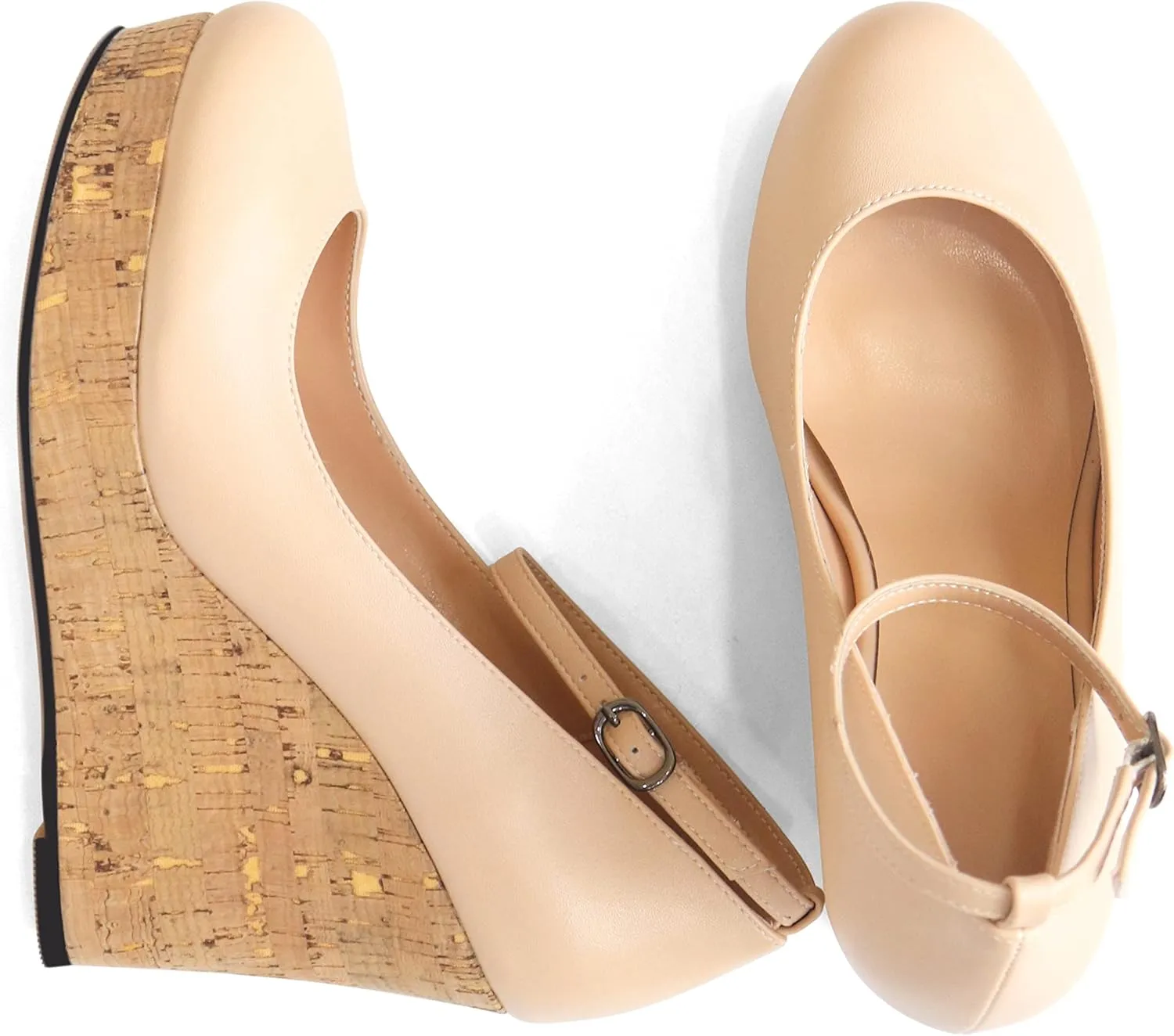 AUMOTED Women's Platform Wedges High Heels Pumps Closed Round Toe Buckle Ankle Strap Suede Heels Shoes for Ladies Casual Dress 3.93 Inch High Heeled