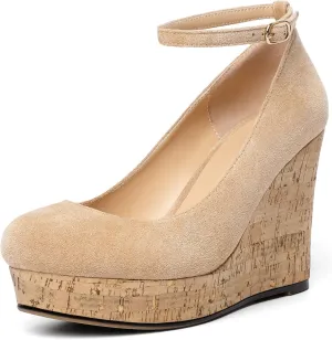 AUMOTED Women's Platform Wedges High Heels Pumps Closed Round Toe Buckle Ankle Strap Suede Heels Shoes for Ladies Casual Dress 3.93 Inch High Heeled