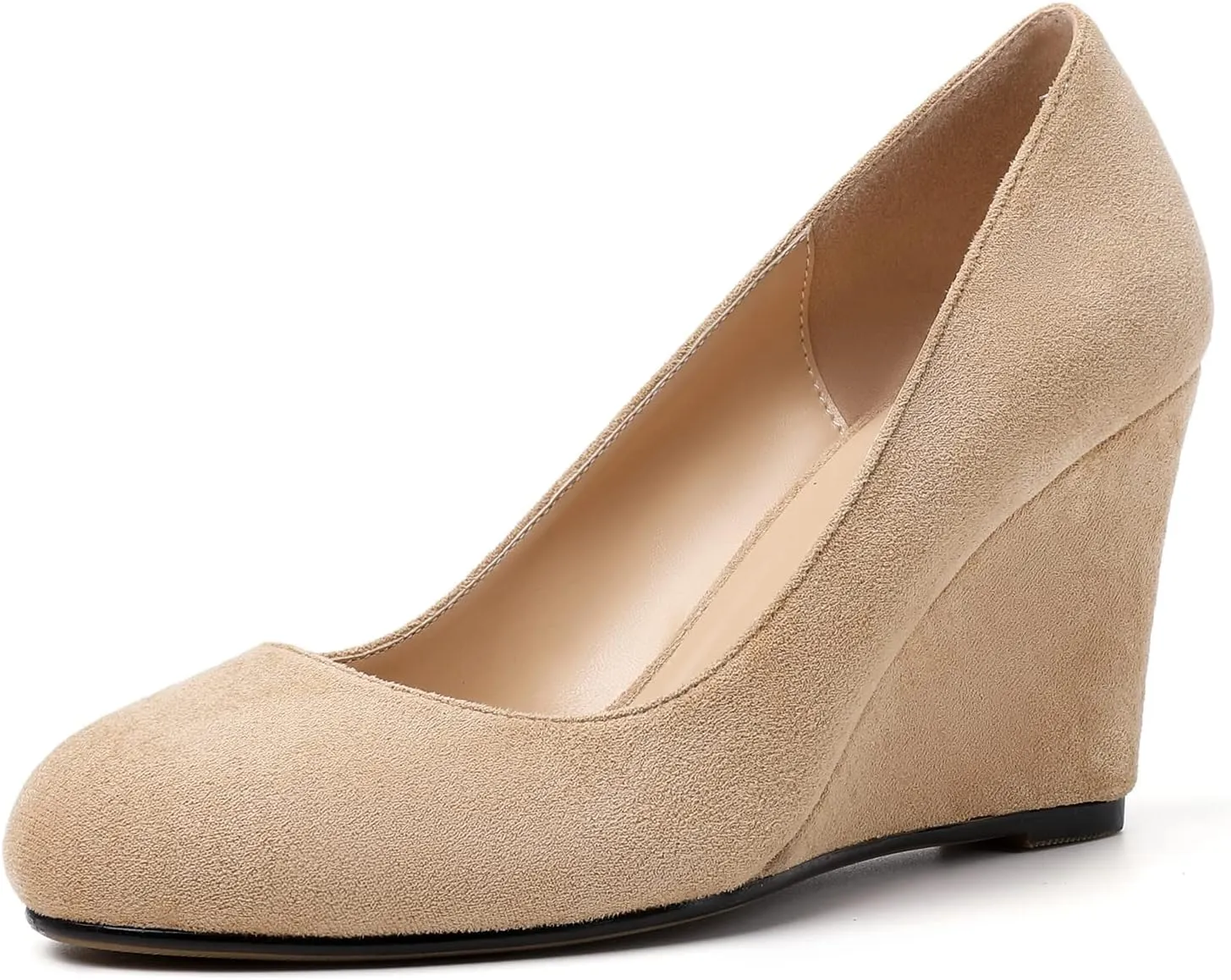 AUMOTED Women's Wedges Heel Pumps Solid Solid Closed Round Toe Wedge Pumps Slip On 3.5 Inch Wedge Suede Heels for Dress Working Evening