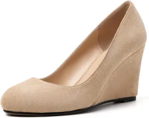 AUMOTED Women's Wedges Heel Pumps Solid Solid Closed Round Toe Wedge Pumps Slip On 3.5 Inch Wedge Suede Heels for Dress Working Evening
