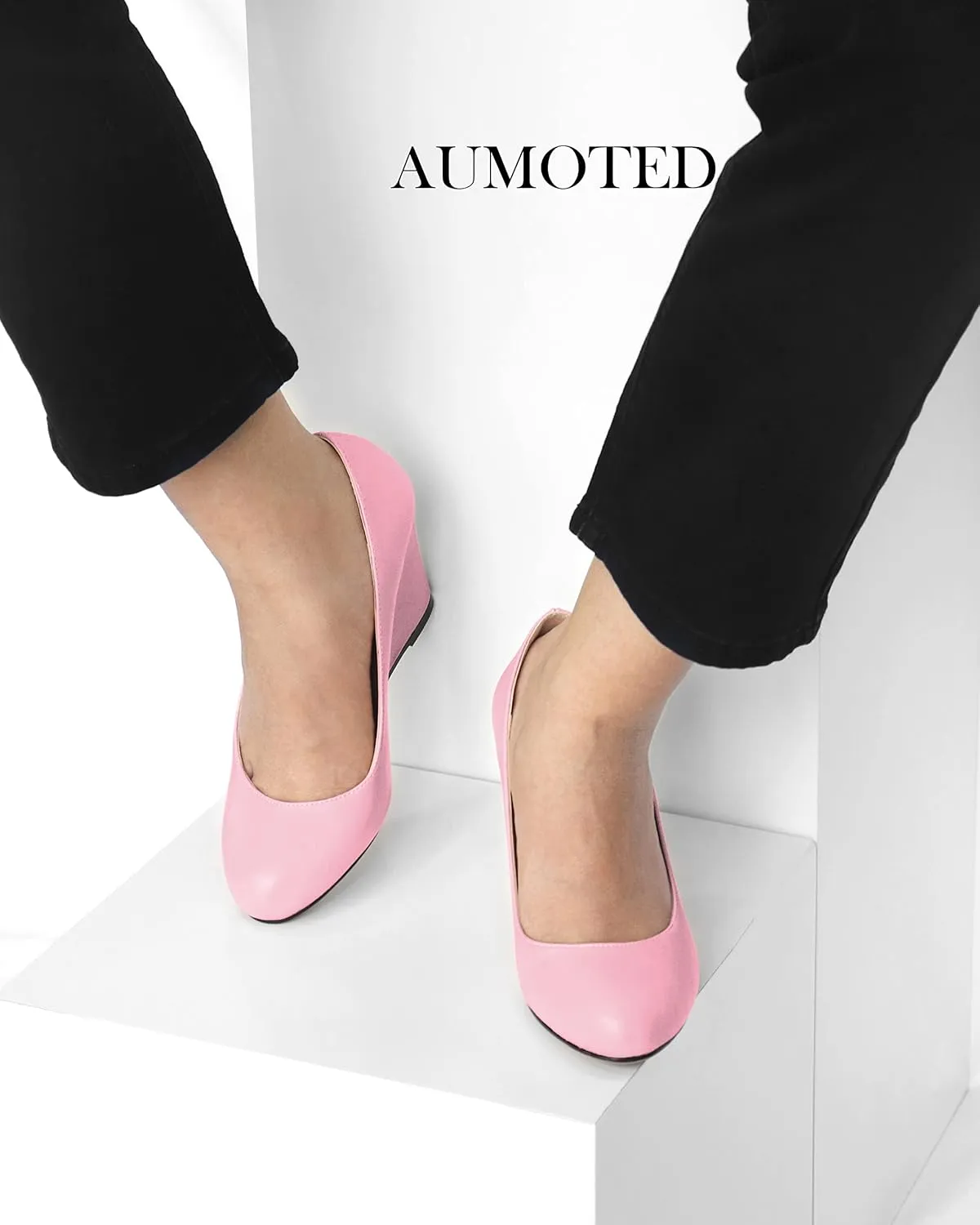 AUMOTED Women's Wedges Heel Pumps Solid Solid Closed Round Toe Wedge Pumps Slip On 3.5 Inch Wedge Suede Heels for Dress Working Evening