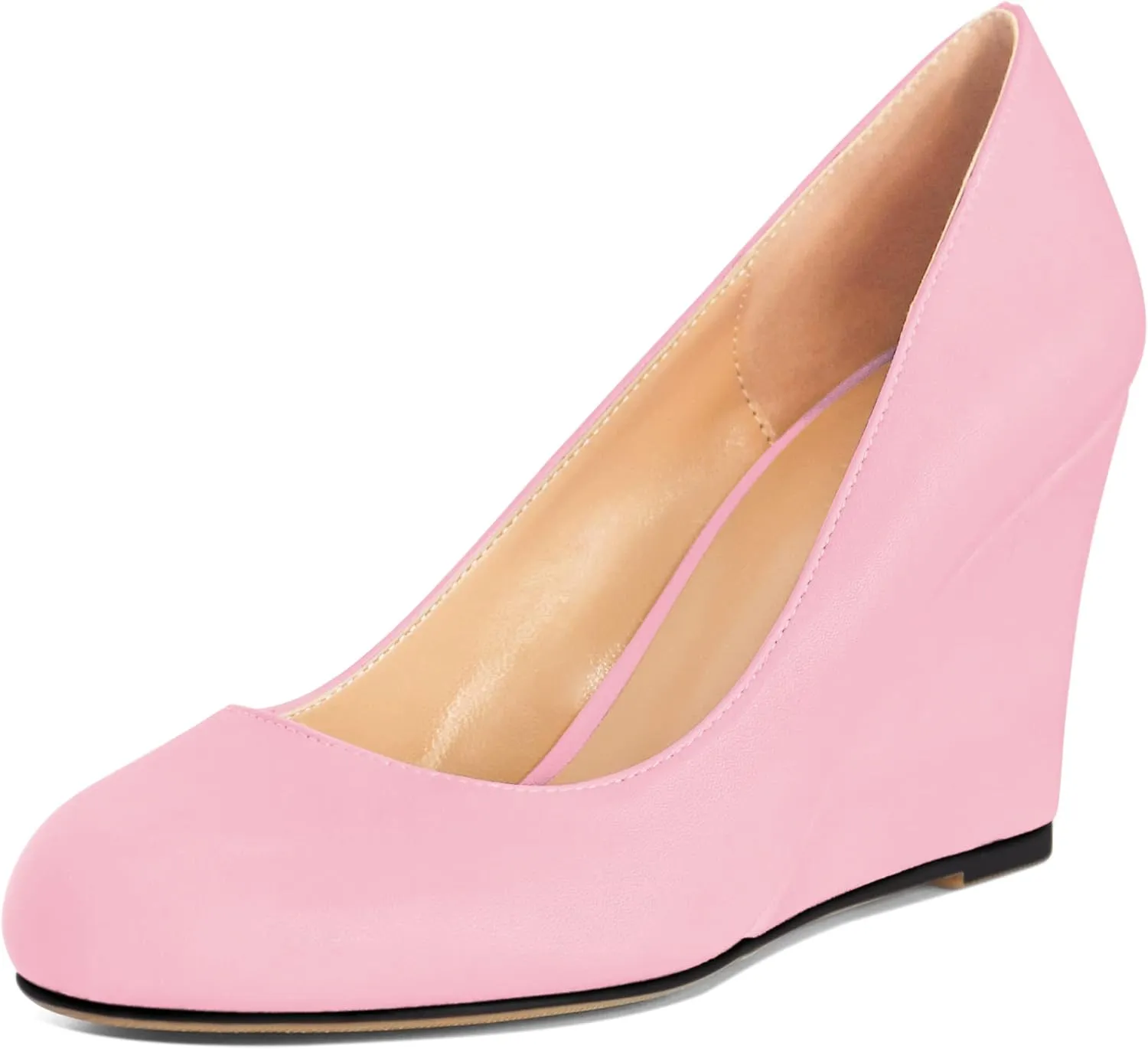 AUMOTED Women's Wedges Heel Pumps Solid Solid Closed Round Toe Wedge Pumps Slip On 3.5 Inch Wedge Suede Heels for Dress Working Evening