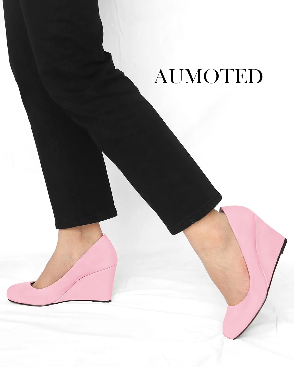 AUMOTED Women's Wedges Heel Pumps Solid Solid Closed Round Toe Wedge Pumps Slip On 3.5 Inch Wedge Suede Heels for Dress Working Evening