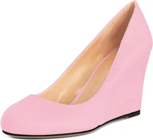 AUMOTED Women's Wedges Heel Pumps Solid Solid Closed Round Toe Wedge Pumps Slip On 3.5 Inch Wedge Suede Heels for Dress Working Evening