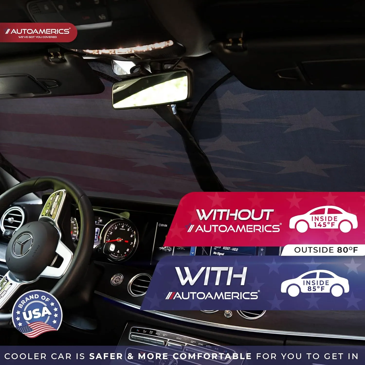 Autoamerics Truck Windshield Sun Shade with Storage Pouch & Anti-Slip Dash Pad -Foldable USA Art Flag Design - Fits Most SUVs & Truck - Blocks UV Rays, Keeps Vehicle Cool | X-Large (66 x 36 Inches)