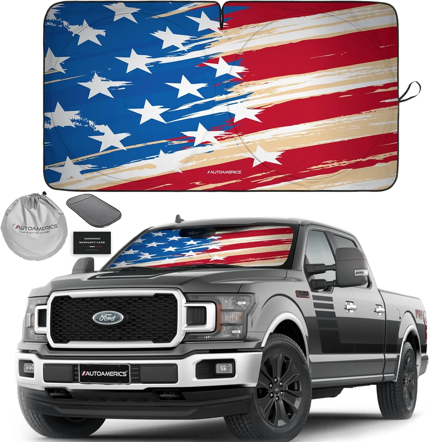 Autoamerics Truck Windshield Sun Shade with Storage Pouch & Anti-Slip Dash Pad -Foldable USA Art Flag Design - Fits Most SUVs & Truck - Blocks UV Rays, Keeps Vehicle Cool | X-Large (66 x 36 Inches)