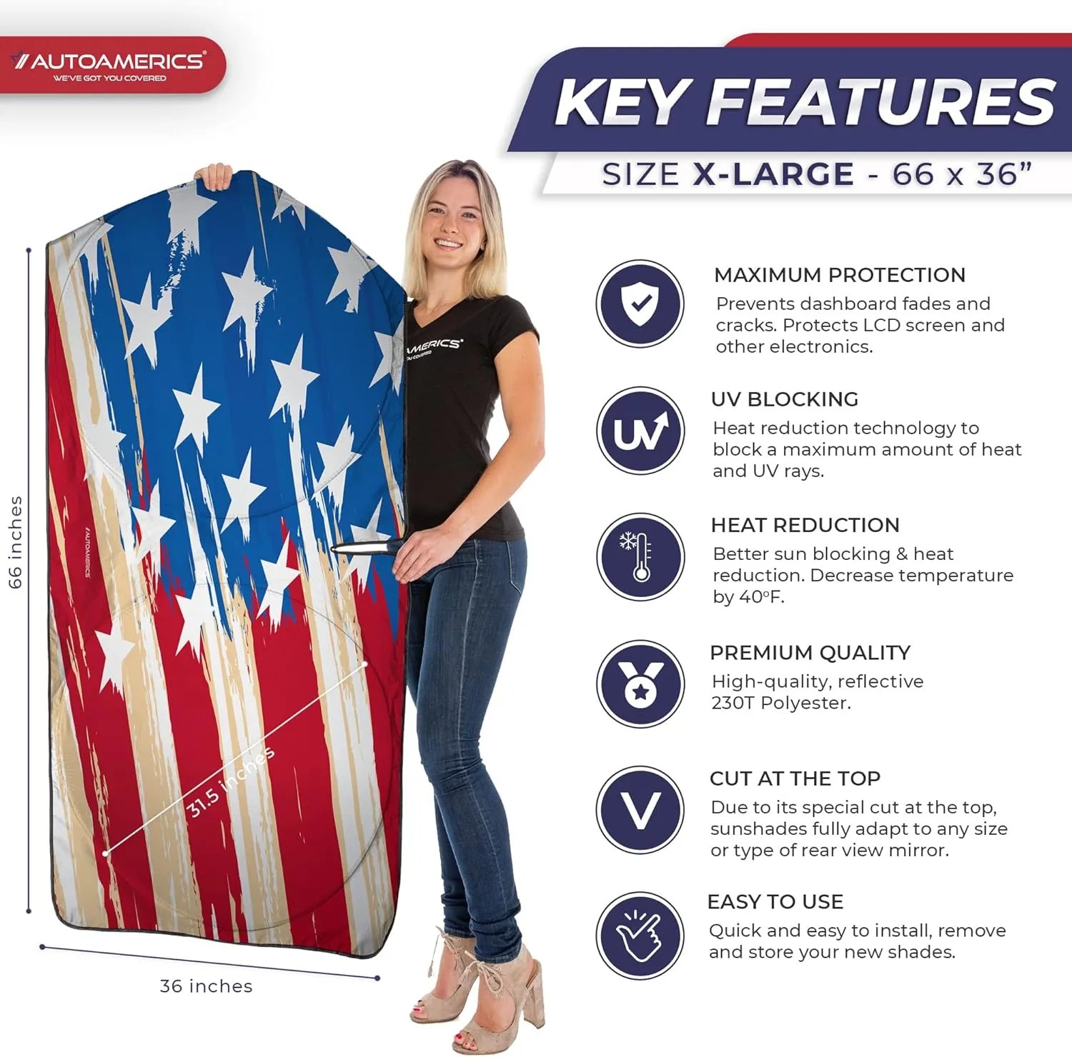 Autoamerics Truck Windshield Sun Shade with Storage Pouch & Anti-Slip Dash Pad -Foldable USA Art Flag Design - Fits Most SUVs & Truck - Blocks UV Rays, Keeps Vehicle Cool | X-Large (66 x 36 Inches)