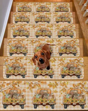 Autumn Stair Treads Non Slip Indoor Stair Runner Set of 7 Carpet Stair Treads for Wooden Steps 30"x8" Hello Fall Tuck Punpkin Sunflowers Leaf Check Orange Stair Carpet Treads for Dog, Kid, Elder