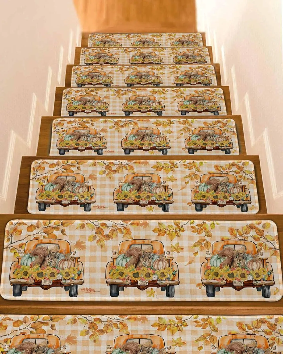 Autumn Stair Treads Non Slip Indoor Stair Runner Set of 7 Carpet Stair Treads for Wooden Steps 30"x8" Hello Fall Tuck Punpkin Sunflowers Leaf Check Orange Stair Carpet Treads for Dog, Kid, Elder