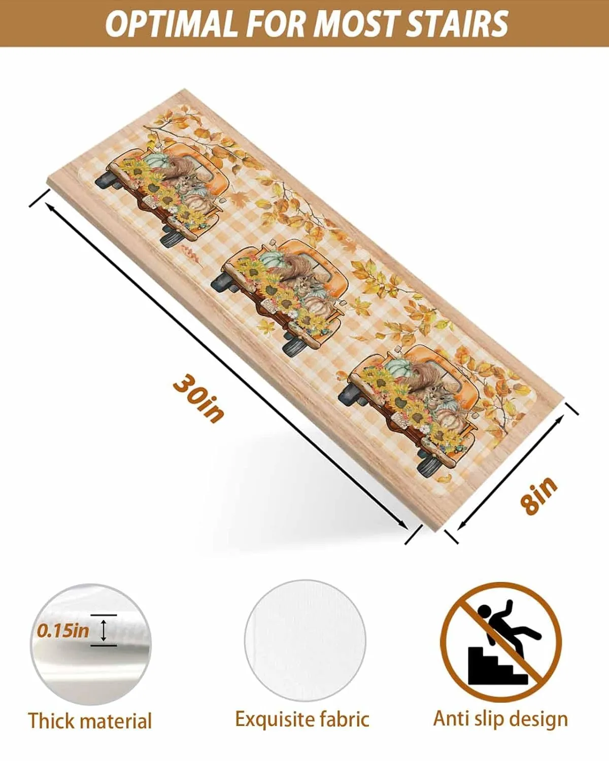 Autumn Stair Treads Non Slip Indoor Stair Runner Set of 7 Carpet Stair Treads for Wooden Steps 30"x8" Hello Fall Tuck Punpkin Sunflowers Leaf Check Orange Stair Carpet Treads for Dog, Kid, Elder