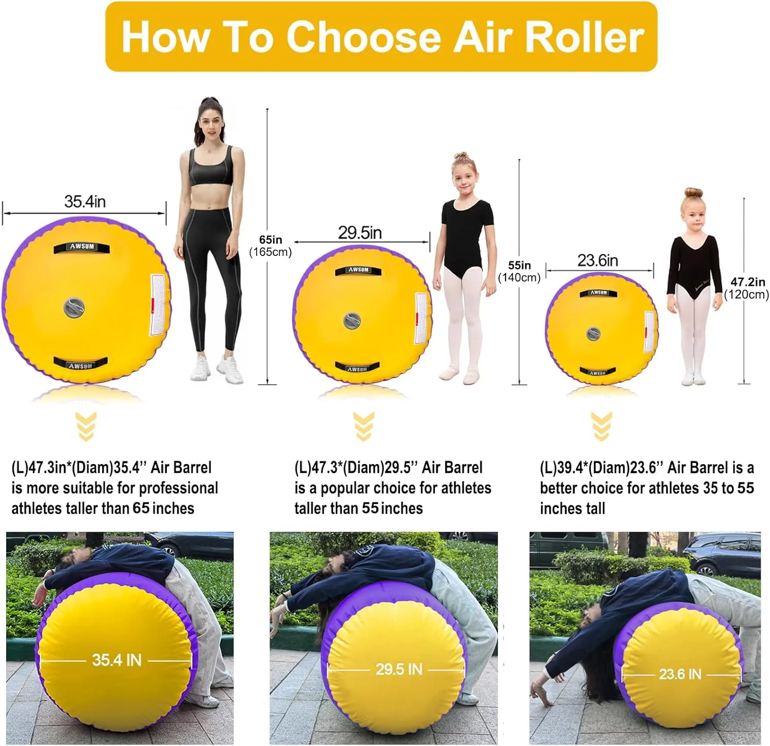 AWSUM Air Roller Gymnastics Barrel Inflatable Tumbling Mat Back Handspring Trainer for Octagon Mat Gym Home Gymnastics Equipment，No Electric Pump