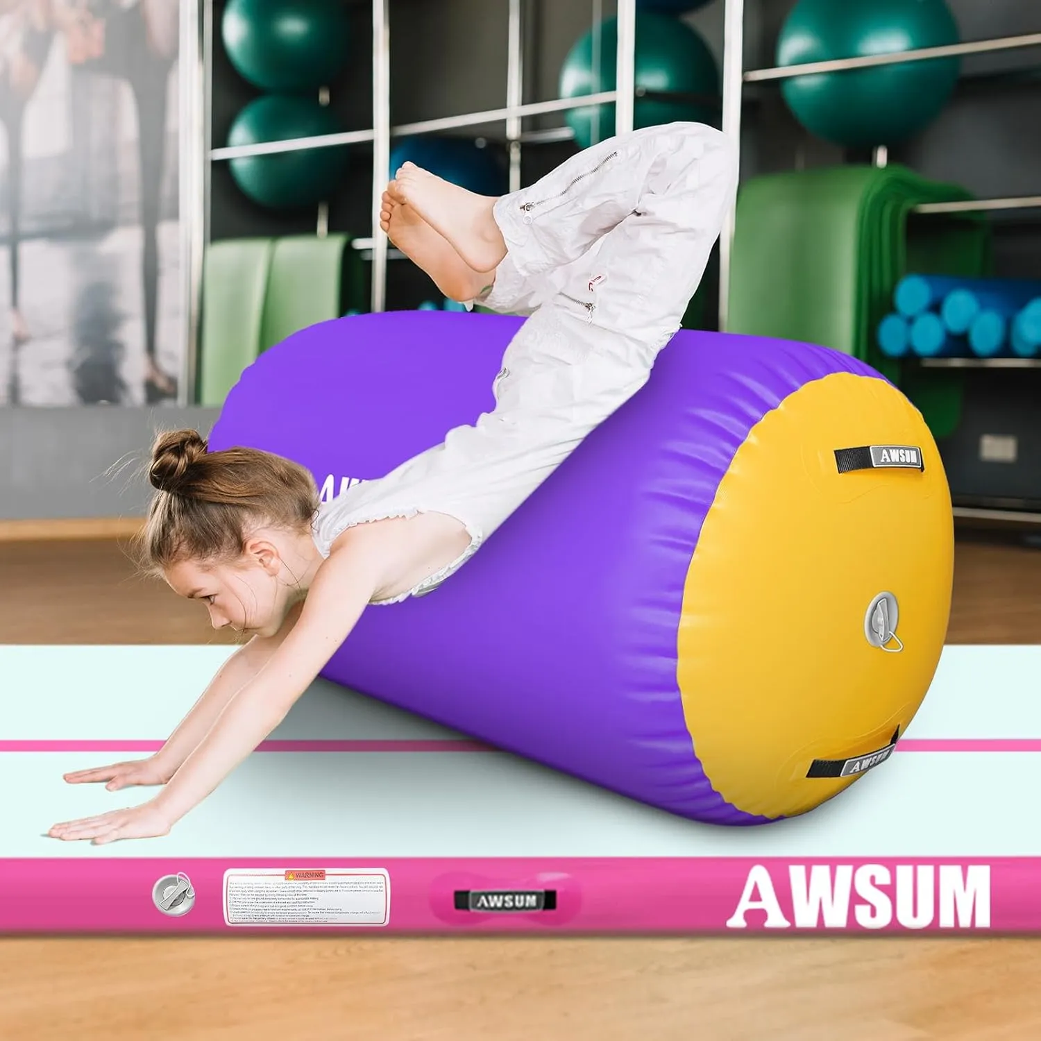 AWSUM Air Roller Gymnastics Barrel Inflatable Tumbling Mat Back Handspring Trainer for Octagon Mat Gym Home Gymnastics Equipment，No Electric Pump