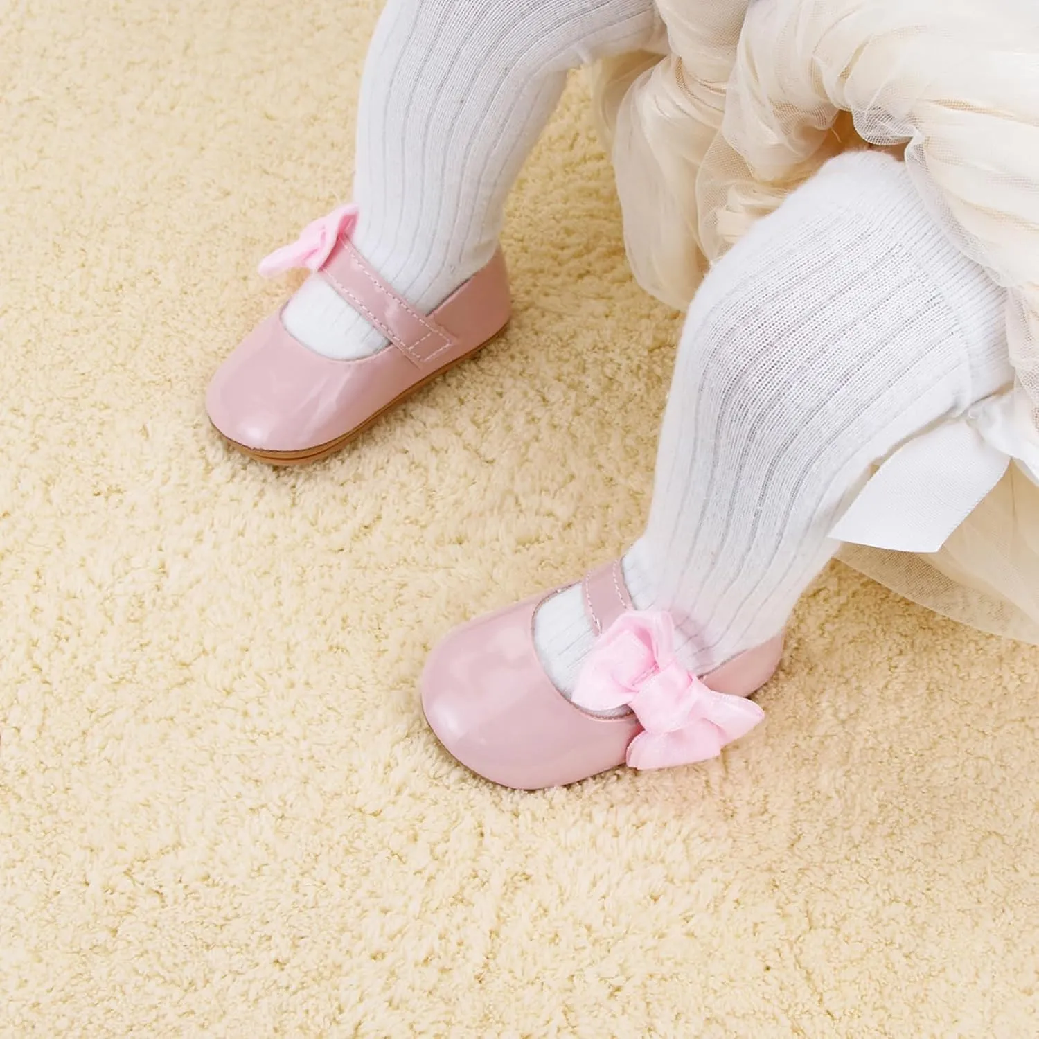 Baby Girls Dress Shoes Infant Mary Jane Flats Newborn Bowkont Non-Slip Lightweight Soft Sole First Walkers Princess Wedding Shoe