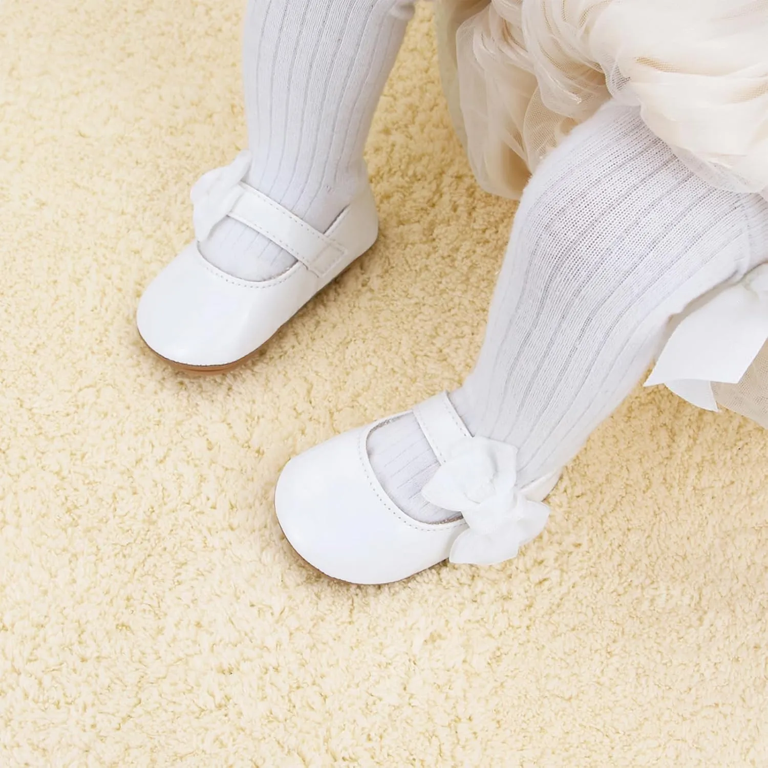 Baby Girls Dress Shoes Infant Mary Jane Flats Newborn Bowkont Non-Slip Lightweight Soft Sole First Walkers Princess Wedding Shoe