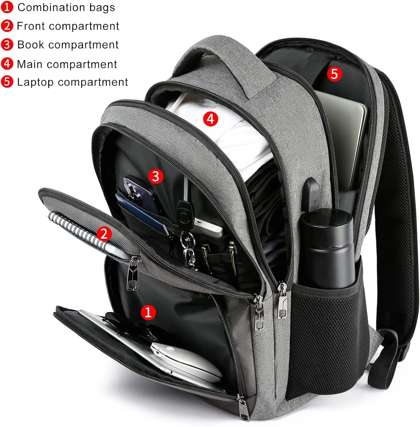 Backpack for Men and Women, School Backpack for College Students, Teens, with 15.6 inch Laptop Sleeve, Travel Laptops Backpack with USB Charging Port, Ergonomic Straps - Bookbag Grey