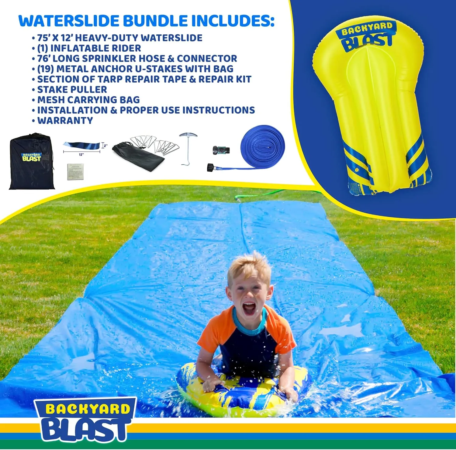 BACKYARD BLAST Giant Slip and Slide for Adults and Kids - Heavy Duty Large Slip n Slide Water Slide for Kids Backyard Outdoor Water Play Includes Inflatable Riders