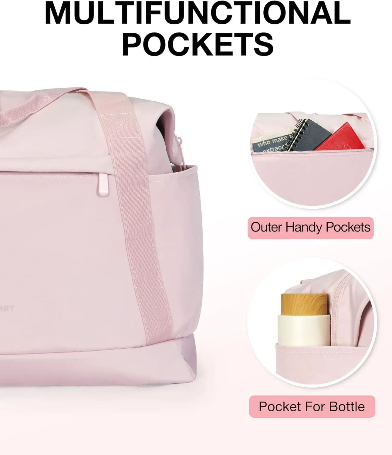 BAGSMART Foldable Travel Duffle Bag, 30.6L Large Carry On Tote Bag Gym Sports Bag for Women, Weekender Overnight Bag for Travel Essentials & Daily Necessities(Baby Pink)