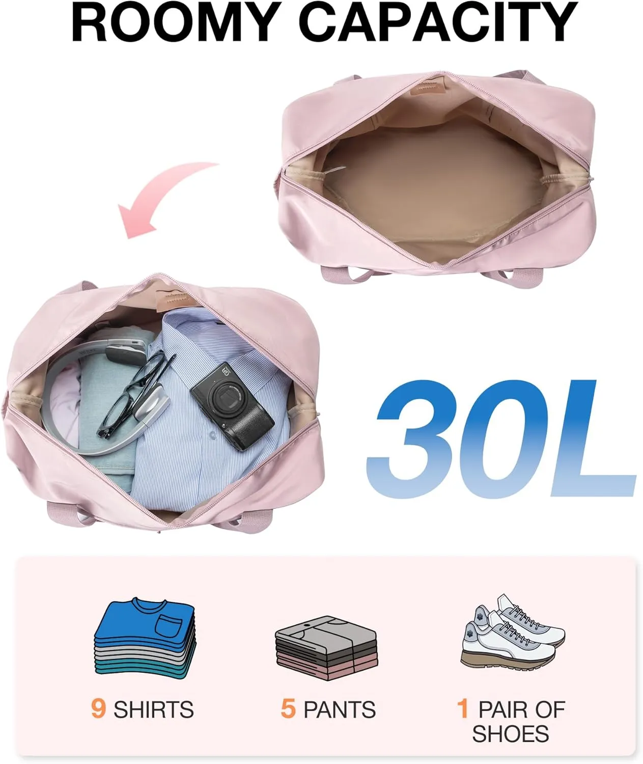 BAGSMART Foldable Travel Duffle Bag, 30.6L Large Carry On Tote Bag Gym Sports Bag for Women, Weekender Overnight Bag for Travel Essentials & Daily Necessities(Baby Pink)