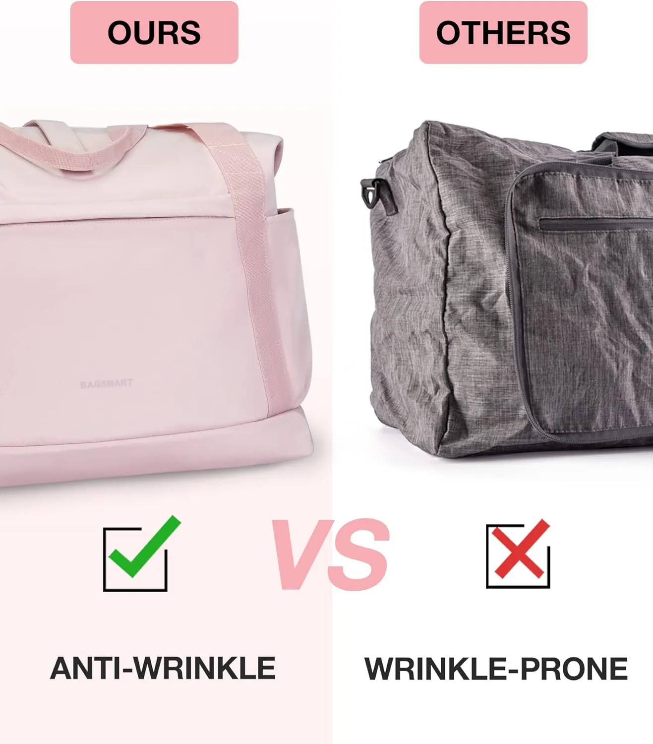BAGSMART Foldable Travel Duffle Bag, 30.6L Large Carry On Tote Bag Gym Sports Bag for Women, Weekender Overnight Bag for Travel Essentials & Daily Necessities(Baby Pink)