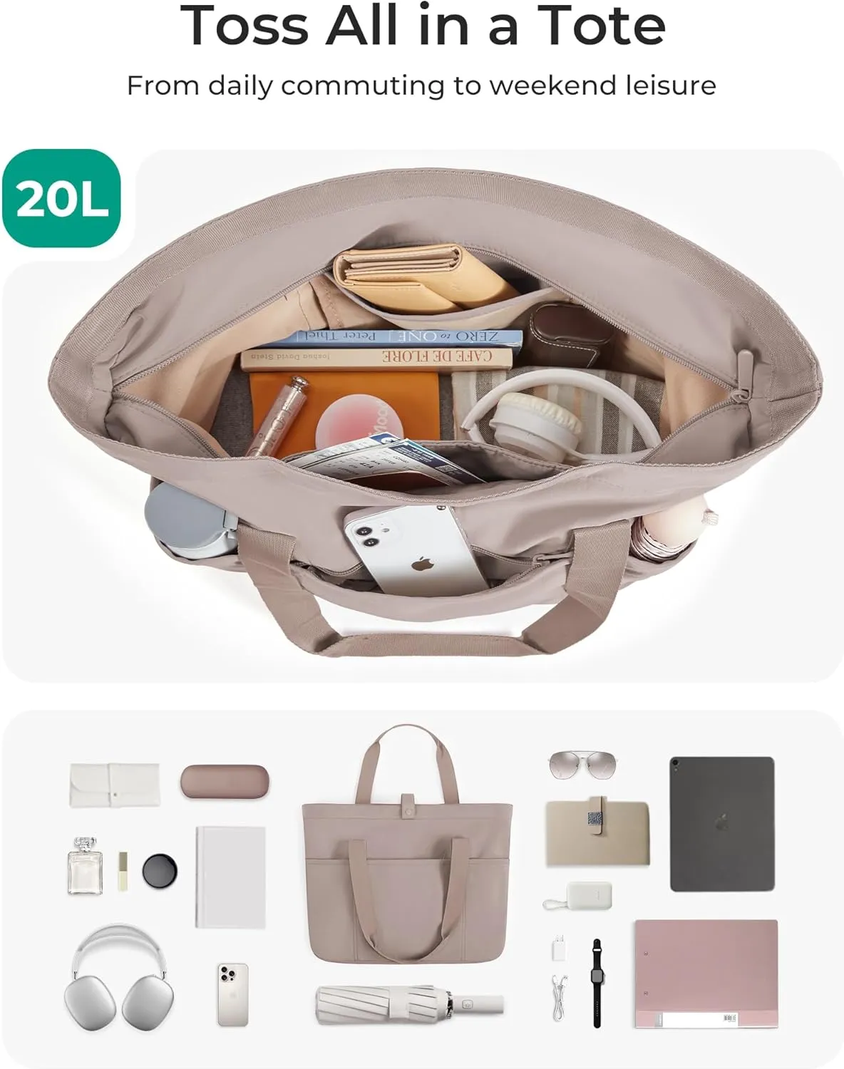 BAGSMART Tote Bag for Women, Foldable Tote Bag With Zipper Travel Large Shoulder Bag Handbag for Work-16.5''l X 6''wx 14''h