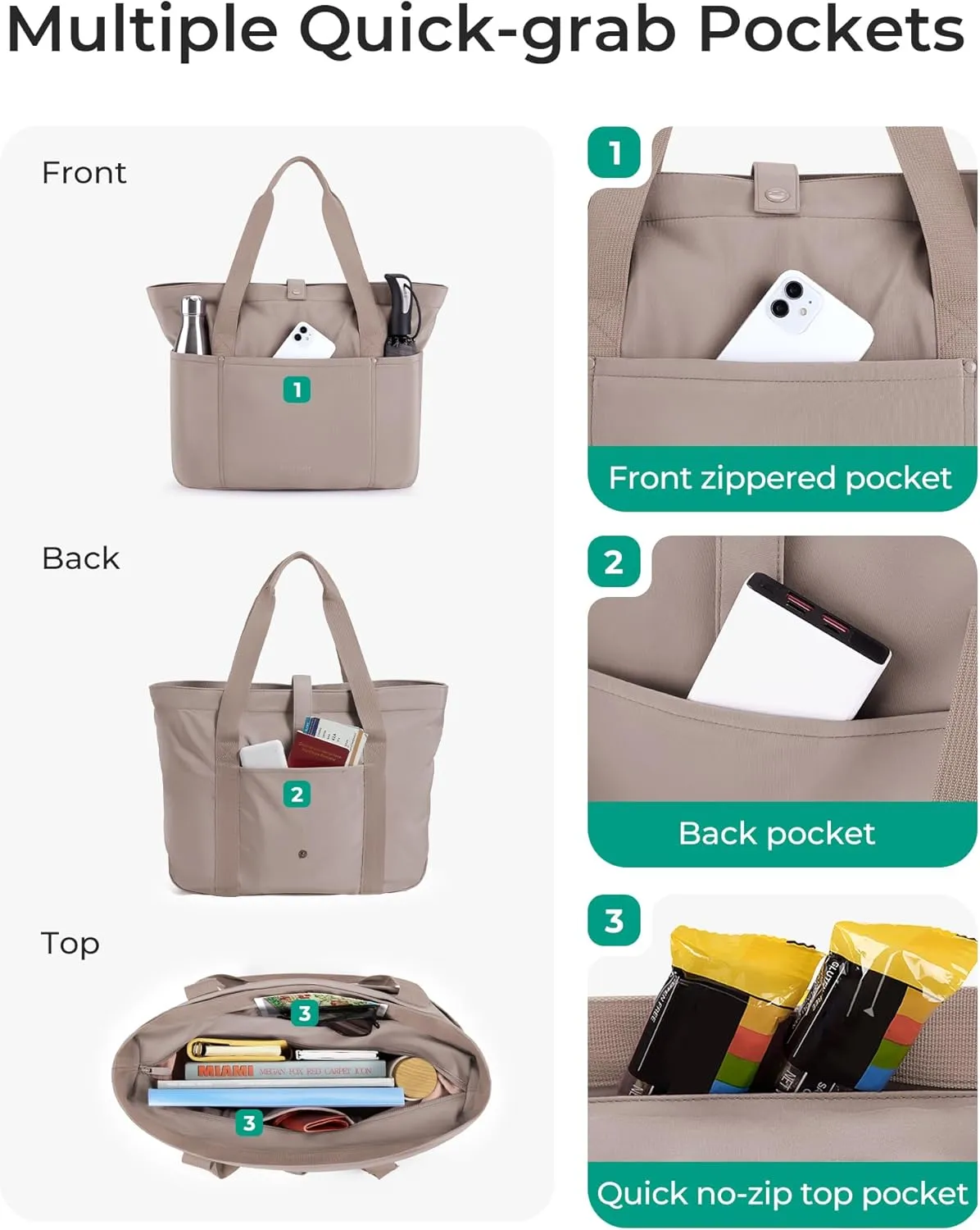 BAGSMART Tote Bag for Women, Foldable Tote Bag With Zipper Travel Large Shoulder Bag Handbag for Work-16.5''l X 6''wx 14''h