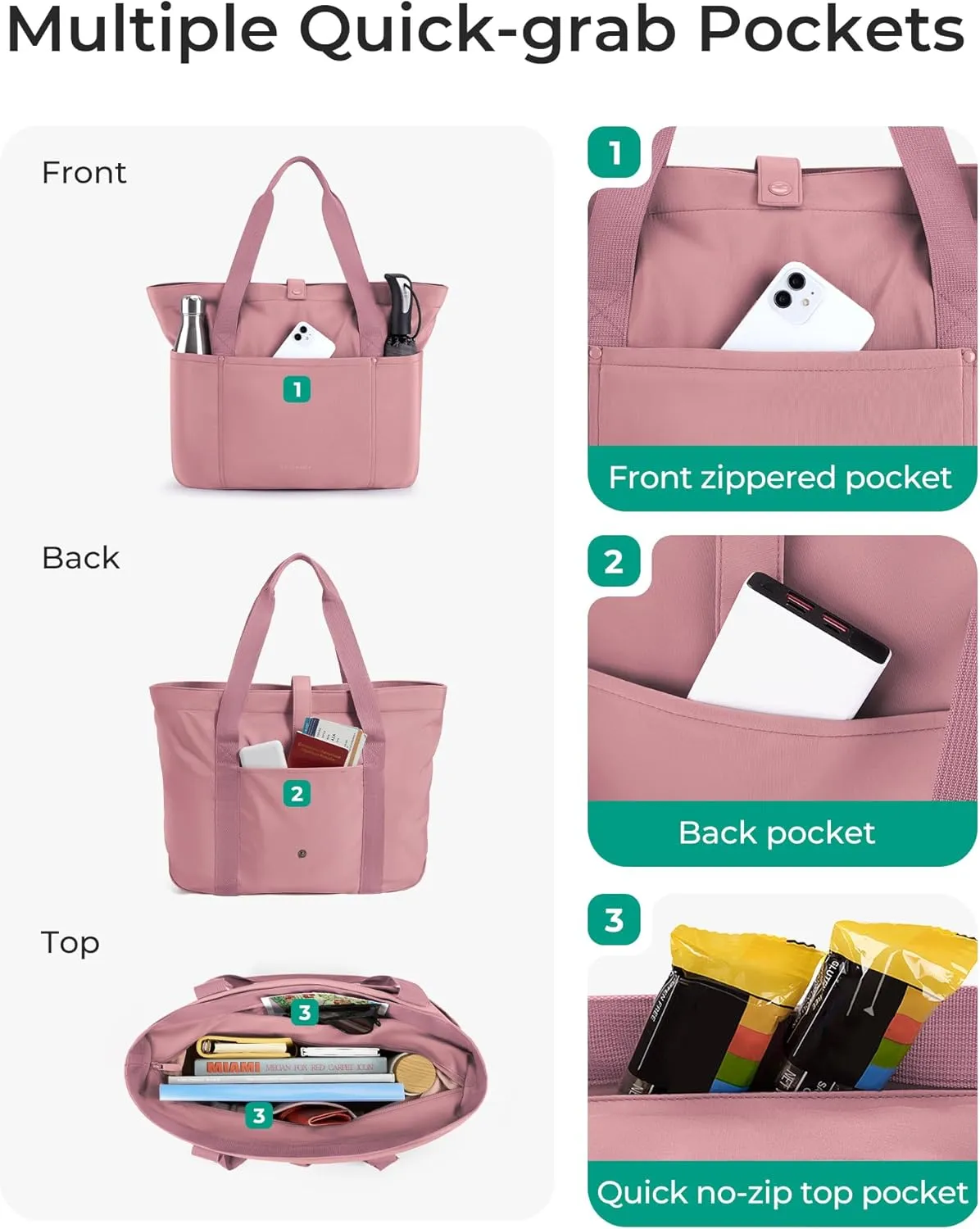 BAGSMART Tote Bag for Women, Foldable Tote Bag With Zipper Travel Large Shoulder Bag Handbag for Work-16.5''l X 6''wx 14''h
