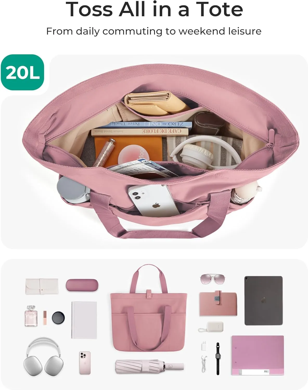 BAGSMART Tote Bag for Women, Foldable Tote Bag With Zipper Travel Large Shoulder Bag Handbag for Work-16.5''l X 6''wx 14''h