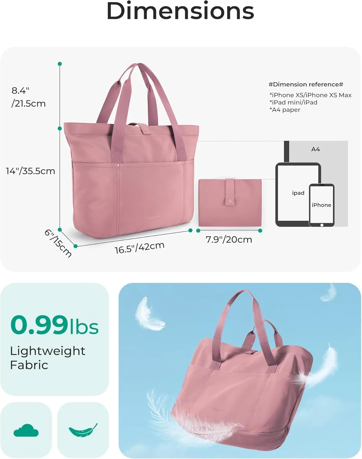 BAGSMART Tote Bag for Women, Foldable Tote Bag With Zipper Travel Large Shoulder Bag Handbag for Work-16.5''l X 6''wx 14''h