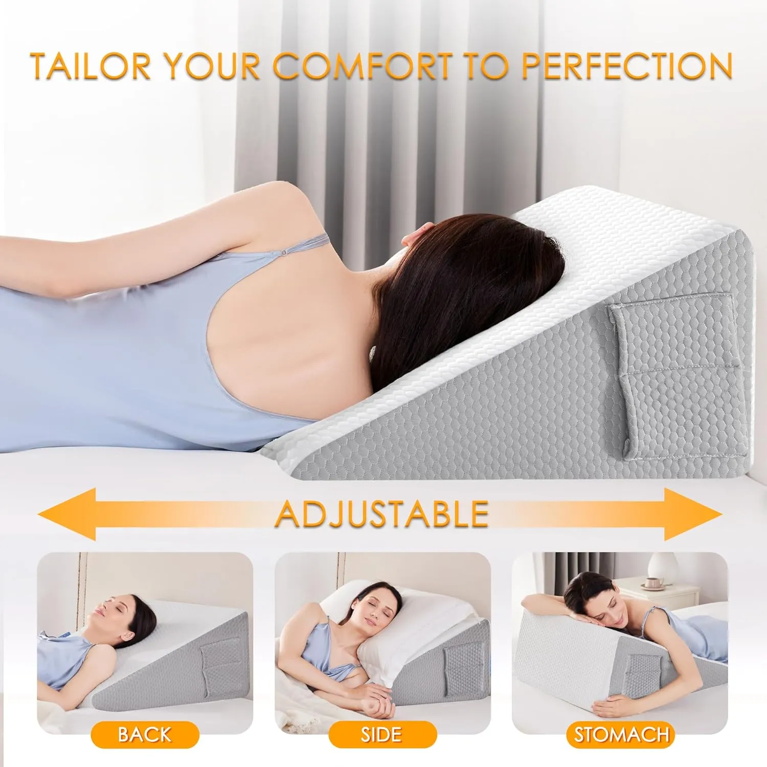 BDEUS 24 Inch Extra Wide Wedge Pillow 45D Memory Foam Top, Bed Wedge Pillow for Sleeping, Back Support, Air Layer Wedge Cover