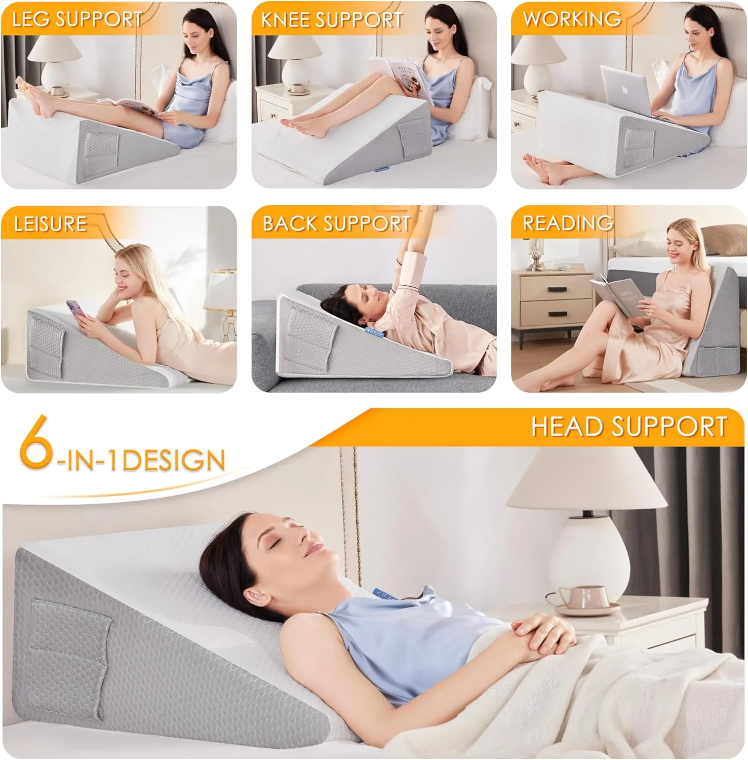 BDEUS 24 Inch Extra Wide Wedge Pillow 45D Memory Foam Top, Bed Wedge Pillow for Sleeping, Back Support, Air Layer Wedge Cover