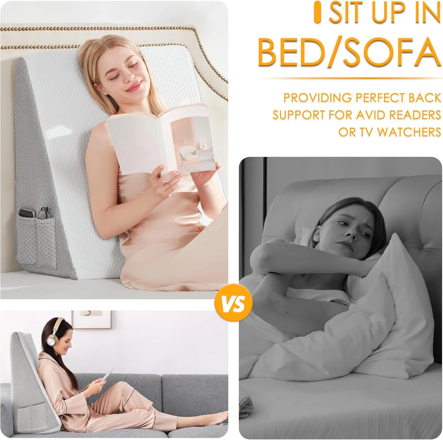 BDEUS 24 Inch Extra Wide Wedge Pillow 45D Memory Foam Top, Bed Wedge Pillow for Sleeping, Back Support, Air Layer Wedge Cover