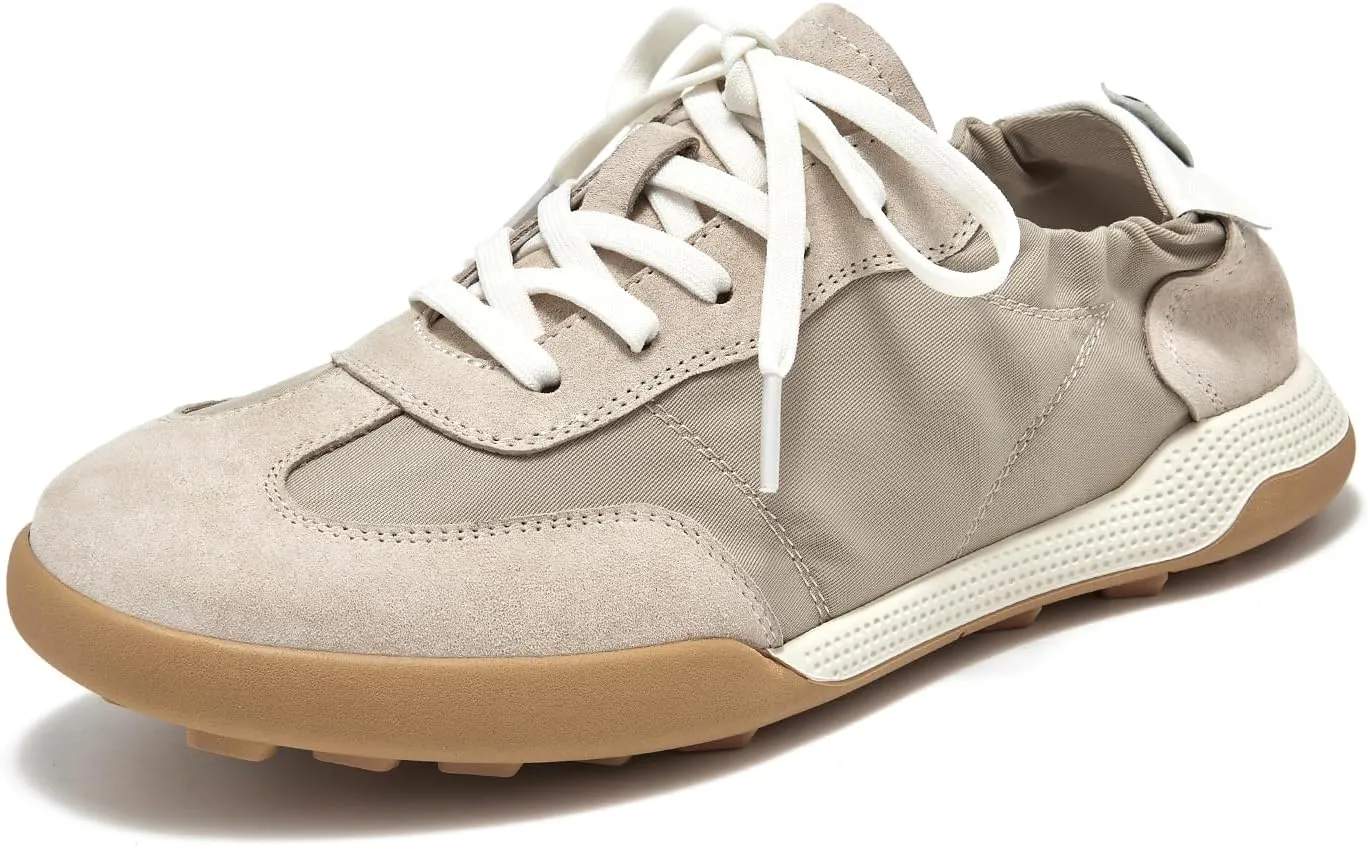 BEAU TODAY Fashion Sneakers Women, Casual Walking Sneakers for Women, Comfortable Non-Slip Lace-Up Womens Leather Flat Shoes Apricot US Size 8.5